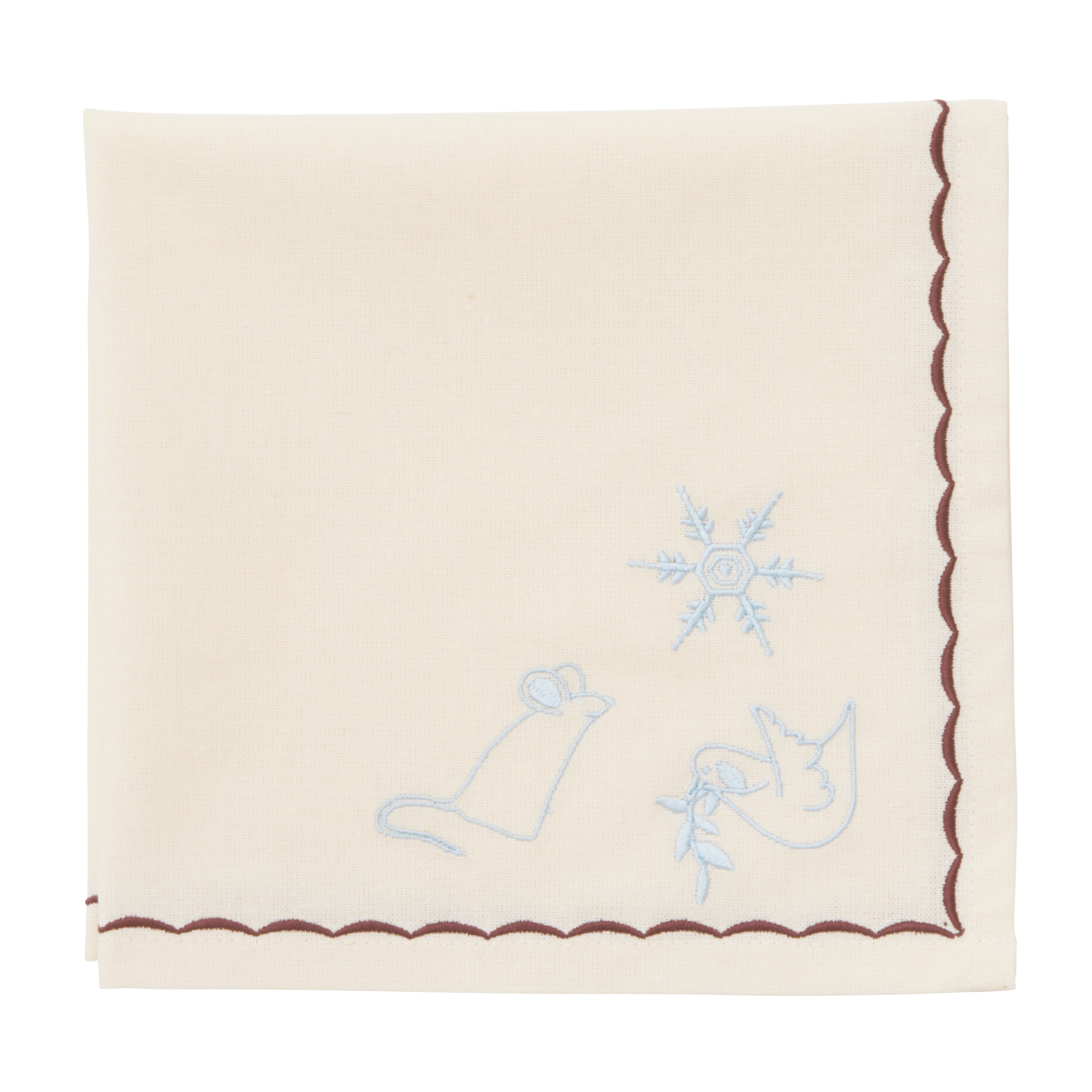 Julebroderet mundserviet, bordeaux/lysblå - 40x40 cm.